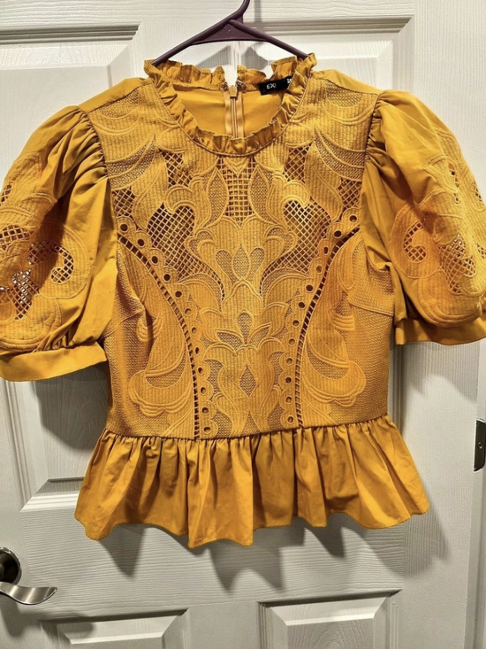 Express Mustard Yellow Lace Puff Sleeve Peplum Blouse